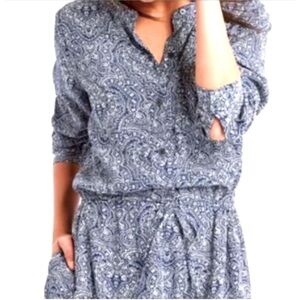 GAP BLUE & WHITE PAISLEY CINCHED WAIST LONG SLEEVE BUTTON UP SHIRT DRESS SIZE MP